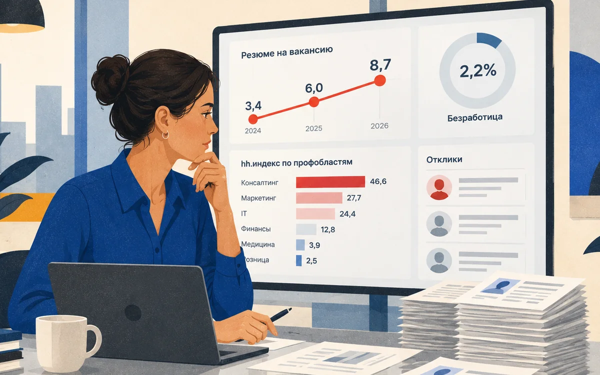 Рекрутёр смотрит на дашборд: hh.индекс 3,4 → 6,0 → 8,7 за 2024–2026, безработица 2,2%, hh.индекс по профобластям